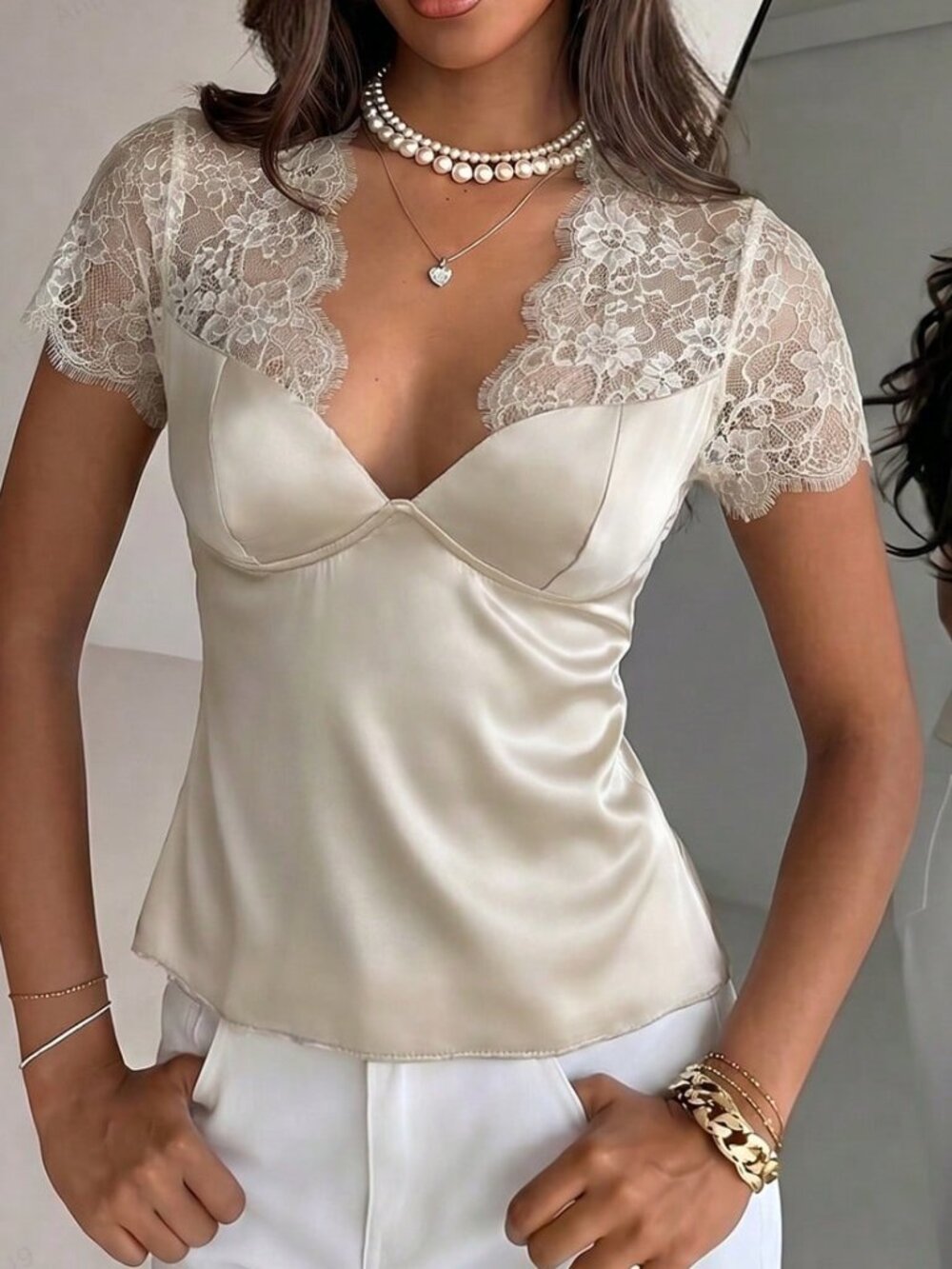 Apricot Sexy Women's Lace Patchwork Sheer Short Sleeve Blouse - Picture 3 of 4